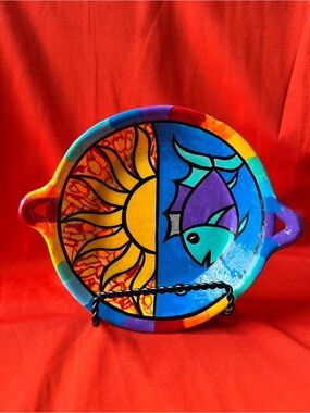 Hand-Painted Sun & Fish Ceramic Serving Platter - Bright Multicolor